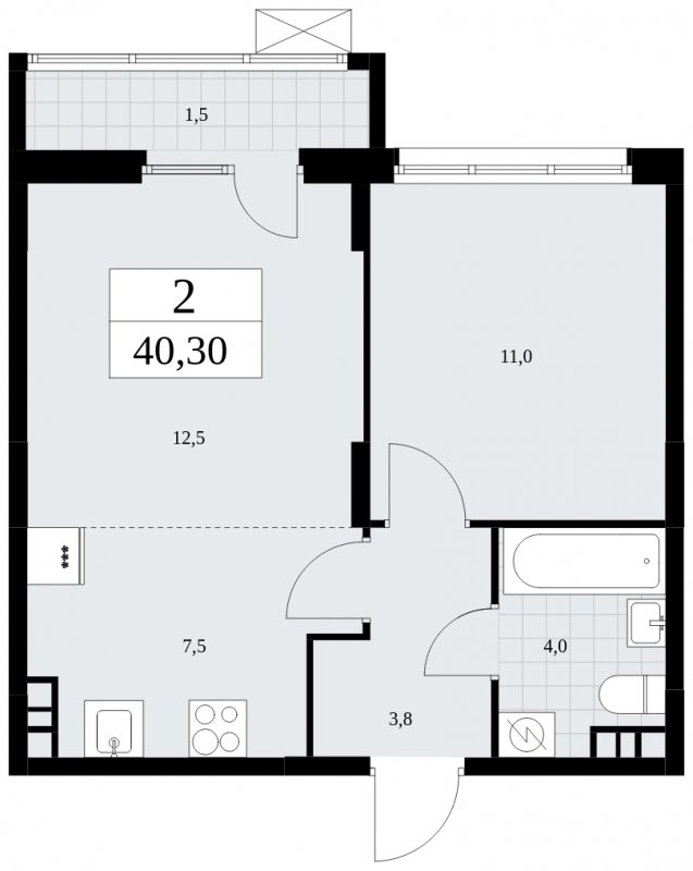 2-комнатная квартира (евро) без отделки, 40.3 м2, 4 этаж, сдача 1 квартал 2025 г., ЖК Дзен-кварталы, корпус 1.4 - объявление 1896208 - фото №1
