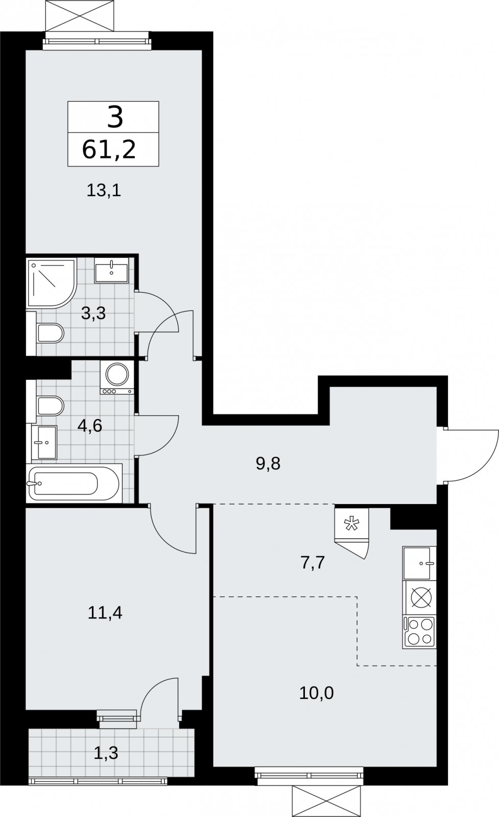 3-комнатная квартира (евро) без отделки, 61.2 м2, 3 этаж, сдача 2 квартал 2026 г., ЖК Бунинские кварталы, корпус 7.3 - объявление 2313645 - фото №1