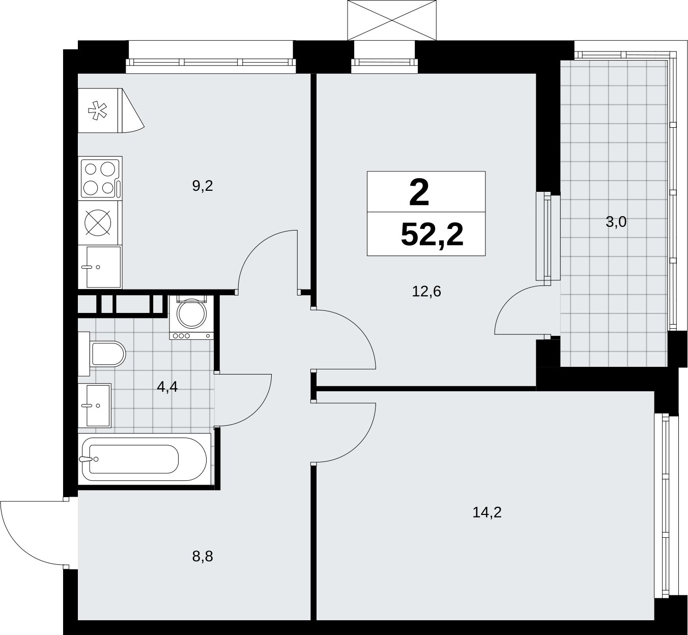 2-комнатная квартира без отделки, 52.2 м2, 10 этаж, сдача 4 квартал 2026 г., ЖК Скандинавия, корпус 2.18.1.3 - объявление 2350823 - фото №1