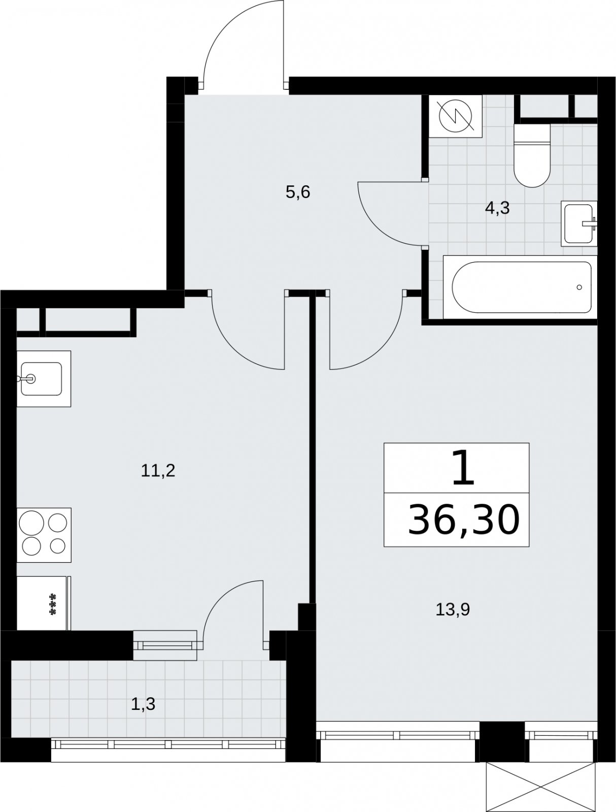 1-комнатная квартира без отделки, 36.3 м2, 4 этаж, сдача 3 квартал 2026 г., ЖК Родные кварталы, корпус 2 - объявление 2295330 - фото №1