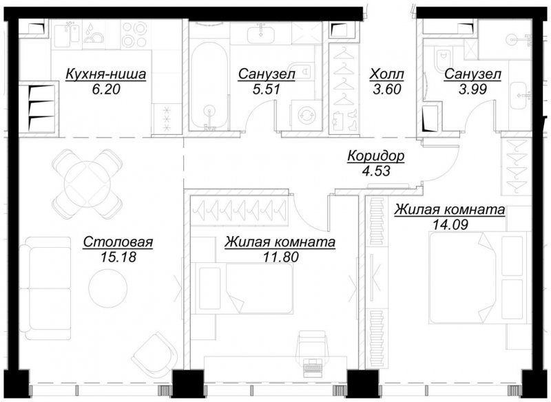2-комнатная квартира с частичной отделкой, 64.9 м2, 43 этаж, сдача 4 квартал 2024 г., ЖК MOD, корпус Mod.D - объявление 1788384 - фото №1