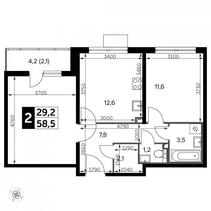 2-комнатная квартира с частичной отделкой, 58.5 м2, 2 этаж, сдача 3 квартал 2023 г., ЖК Южная Битца, корпус 12 - объявление 1947031 - фото №1