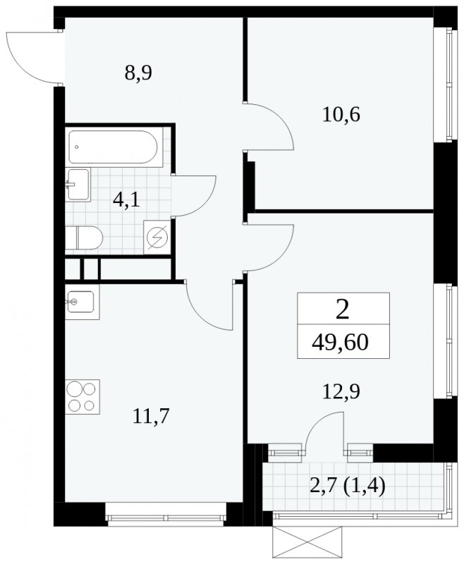 2-комнатная квартира без отделки, 49.6 м2, 13 этаж, сдача 1 квартал 2025 г., ЖК Прокшино, корпус 5.2.4 - объявление 1900782 - фото №1