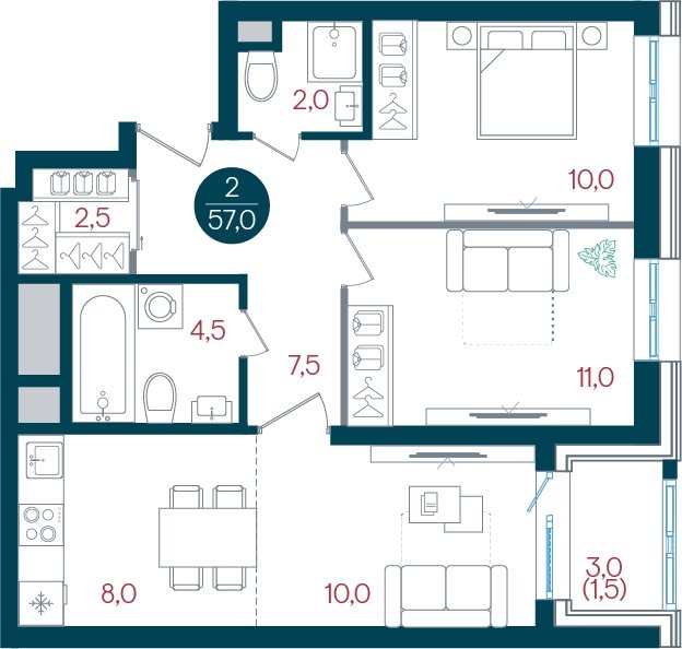 2-комнатная квартира без отделки, 57 м2, 13 этаж, дом сдан, ЖК РУСИЧ Новые Котельники, корпус 1 - объявление 2433549 - фото №1