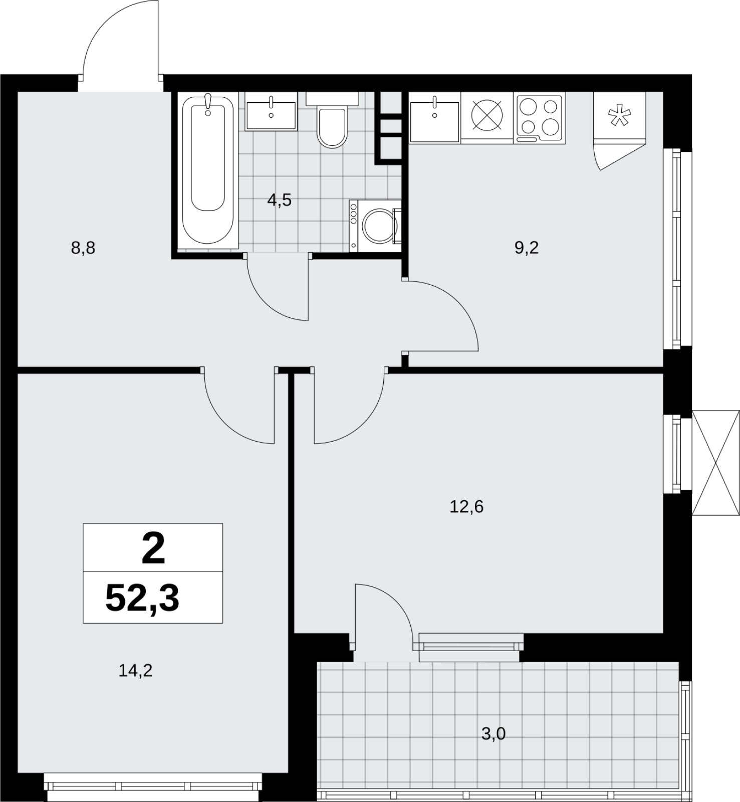 2-комнатная квартира без отделки, 52.3 м2, 3 этаж, сдача 4 квартал 2026 г., ЖК Скандинавия, корпус 2.18.1.2 - объявление 2350624 - фото №1