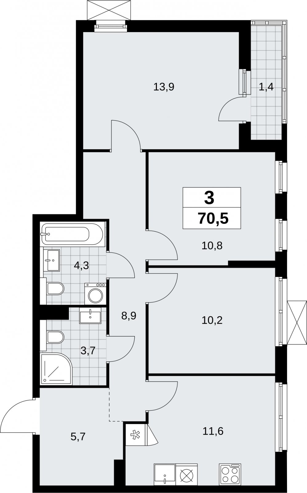 3-комнатная квартира без отделки, 70.5 м2, 8 этаж, сдача 2 квартал 2026 г., ЖК Бунинские кварталы, корпус 9.1 - объявление 2323938 - фото №1