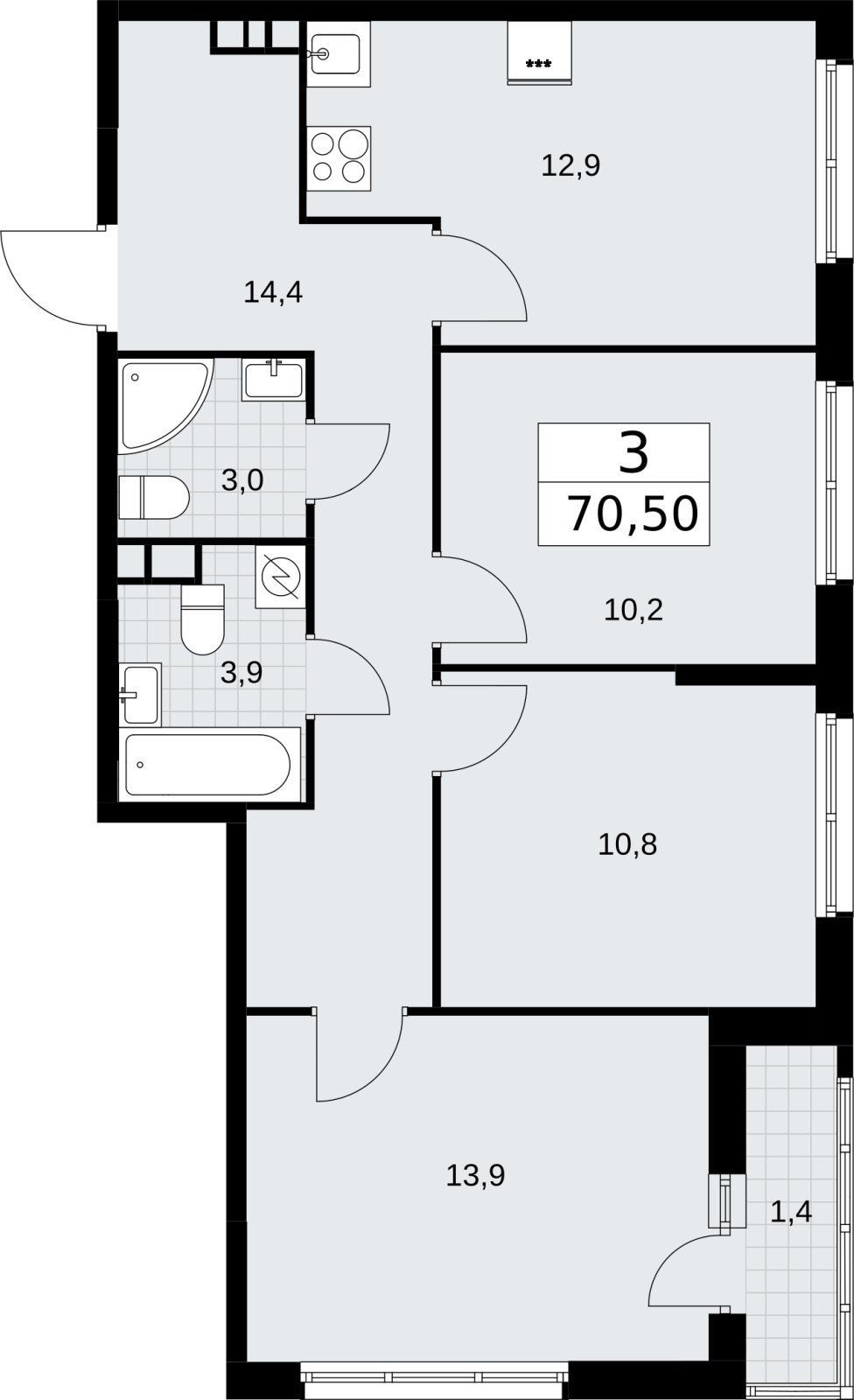 3-комнатная квартира с полной отделкой, 70.5 м2, 4 этаж, сдача 4 квартал 2026 г., ЖК Родные кварталы, корпус 3.3 - объявление 2378556 - фото №1