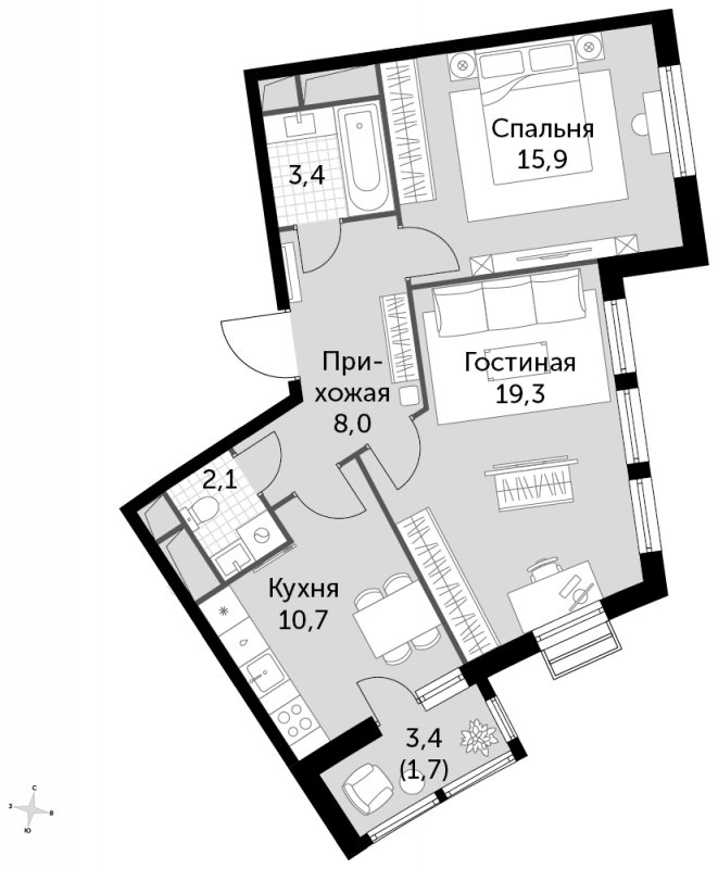2-комнатная квартира без отделки, 61.1 м2, 7 этаж, сдача 3 квартал 2023 г., ЖК UP-квартал Римский, корпус 7 - объявление 1487082 - фото №1