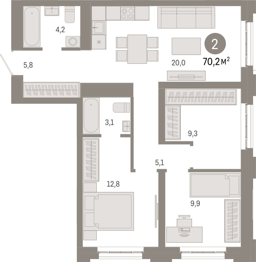 3-комнатная квартира 70.2 м2, 3 этаж, сдача 3 квартал 2026 г., ЖК Квартал Метроном, корпус 1 - объявление 2310826 - фото №1
