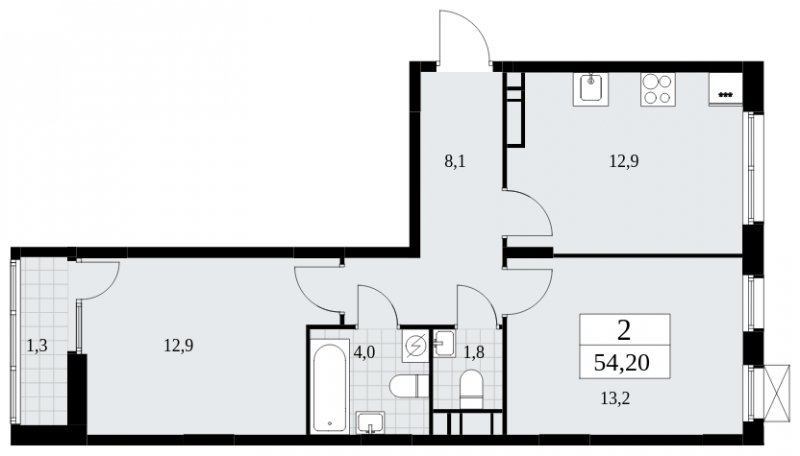 2-комнатная квартира без отделки, 54.2 м2, 10 этаж, сдача 2 квартал 2025 г., ЖК Дзен-кварталы, корпус 2.4 - объявление 1932864 - фото №1