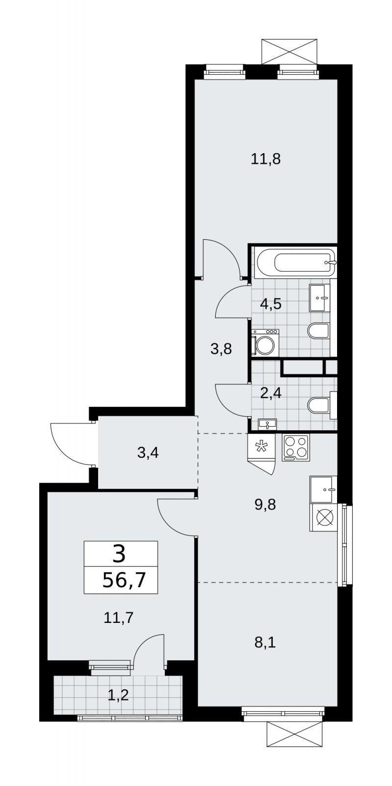 3-комнатная квартира (евро) без отделки, 56.7 м2, 4 этаж, сдача 1 квартал 2026 г., ЖК Прокшино, корпус 11.2.1 - объявление 2269996 - фото №1