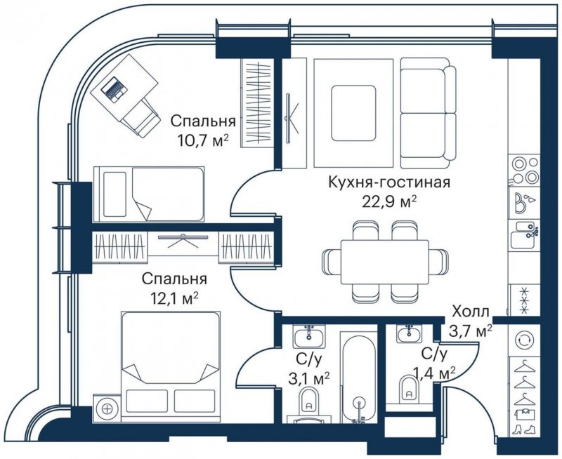 2-комнатная квартира с частичной отделкой, 53.9 м2, 18 этаж, сдача 4 квартал 2023 г., ЖК City Bay, корпус Atlantic Ocean 1 - объявление 1695839 - фото №1