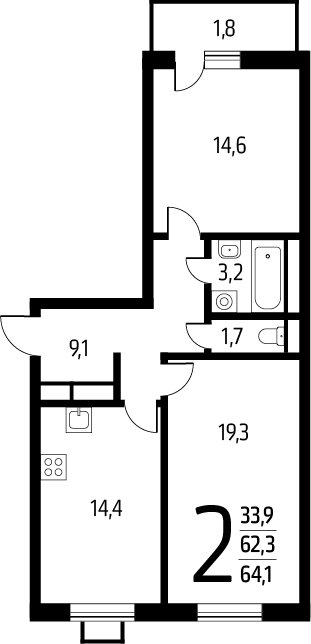 2-комнатная квартира с полной отделкой, 64.1 м2, 6 этаж, сдача 1 квартал 2025 г., ЖК Новые Ватутинки. Заречный, корпус 5/2 - объявление 2272108 - фото №1