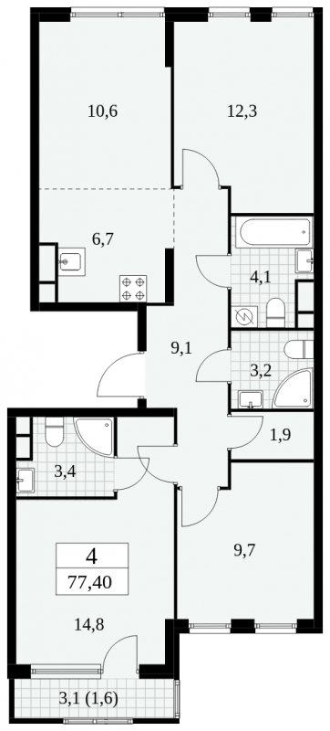 4-комнатная квартира (евро) без отделки, 77.4 м2, 12 этаж, сдача 2 квартал 2025 г., ЖК Южные сады, корпус 2.4 - объявление 1760463 - фото №1