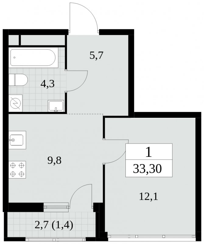 1-комнатная квартира без отделки, 33.3 м2, 15 этаж, сдача 2 квартал 2025 г., ЖК Южные сады, корпус 2.4 - объявление 1760255 - фото №1