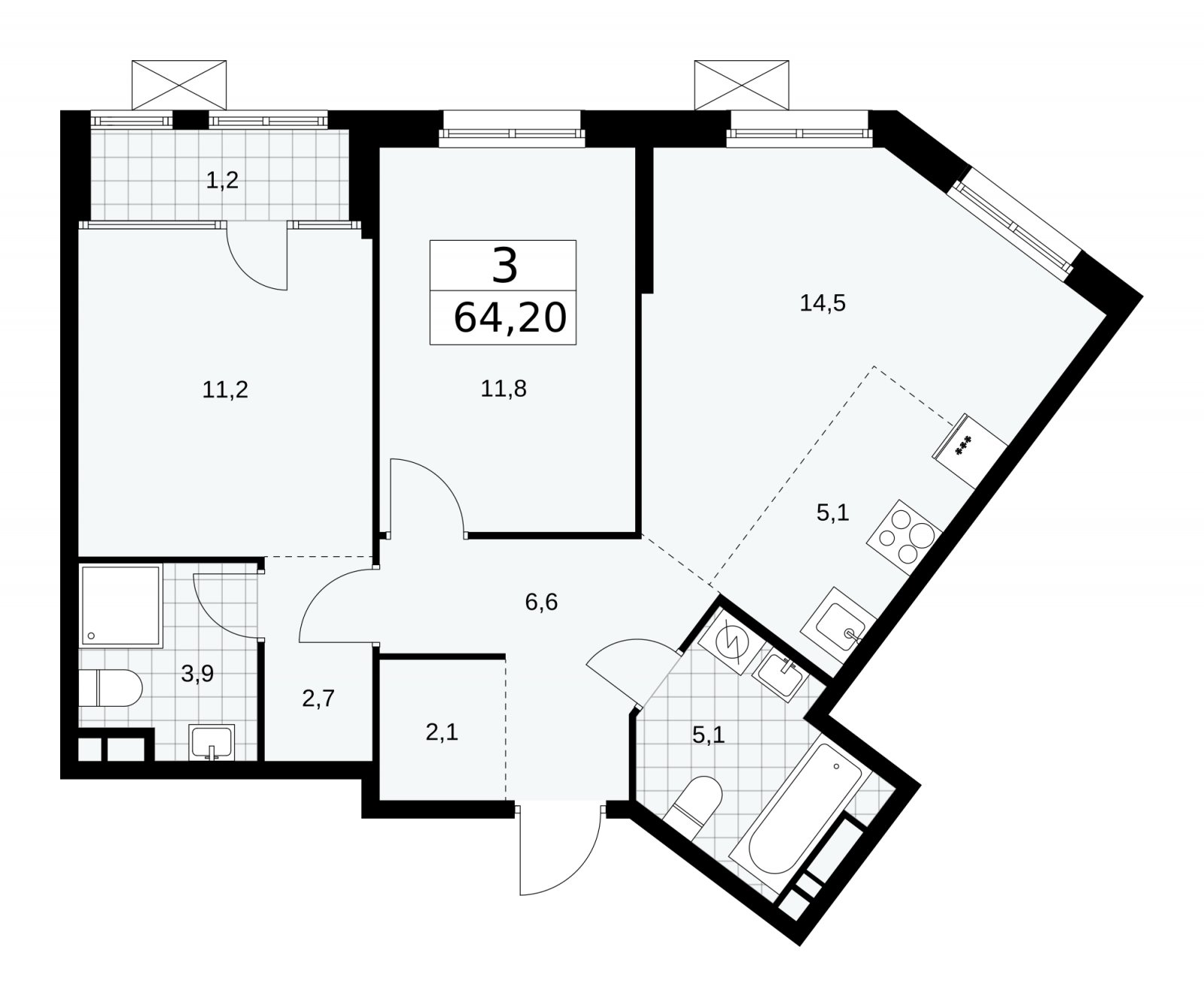 3-комнатная квартира (евро) с частичной отделкой, 64.2 м2, 14 этаж, сдача 1 квартал 2026 г., ЖК Дом на Зорге, корпус 25 - объявление 2221237 - фото №1