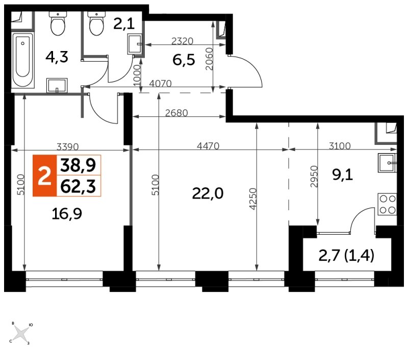 2-комнатная квартира с частичной отделкой, 62.3 м2, 23 этаж, сдача 1 квартал 2023 г., ЖК Sydney City, корпус 3 - объявление 1569042 - фото №1