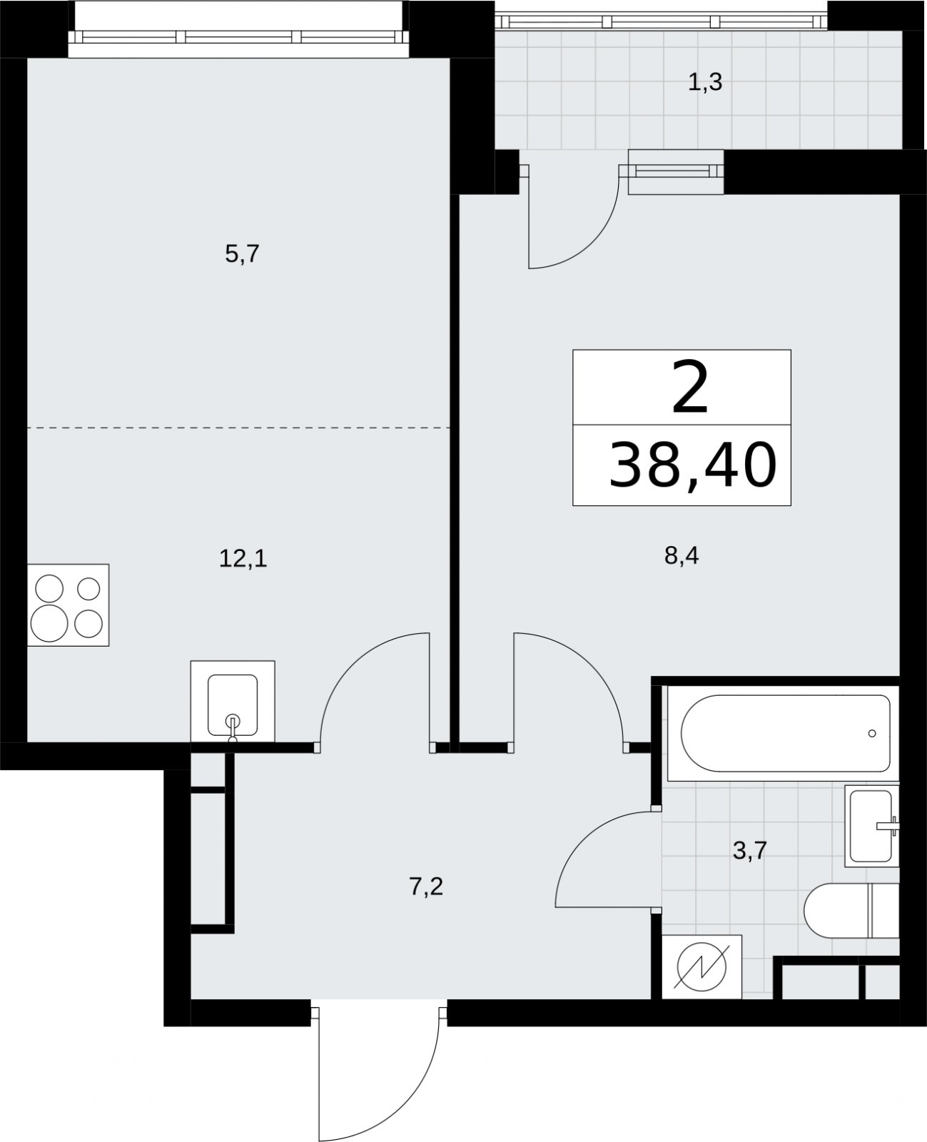 2-комнатная квартира (евро) с полной отделкой, 38.4 м2, 8 этаж, сдача 4 квартал 2026 г., ЖК Родные кварталы, корпус 1.2 - объявление 2317844 - фото №1