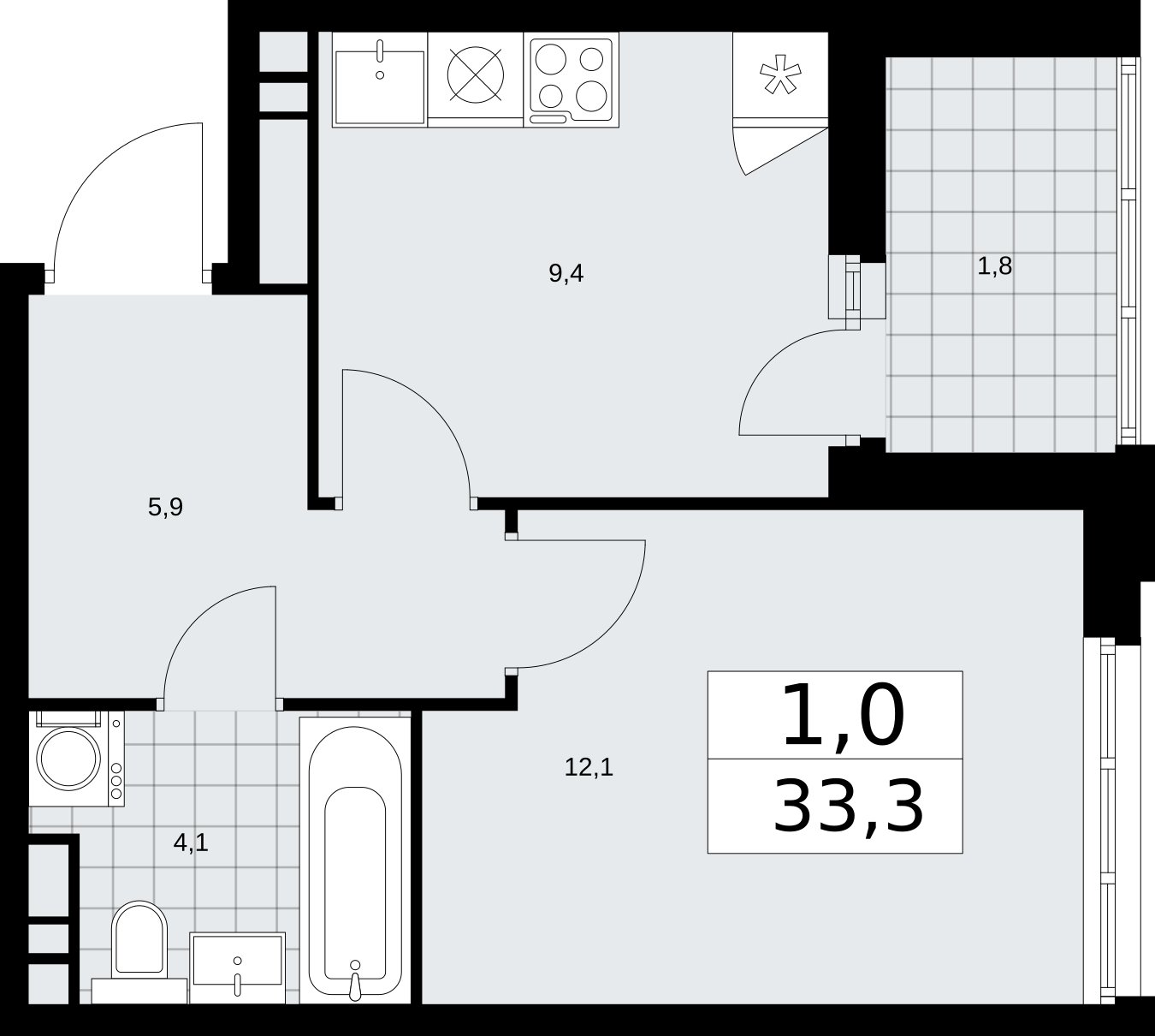 1-комнатная квартира с частичной отделкой, 33.3 м2, 13 этаж, сдача 2 квартал 2026 г., ЖК Дзен-кварталы, корпус 3.3 - объявление 2400335 - фото №1