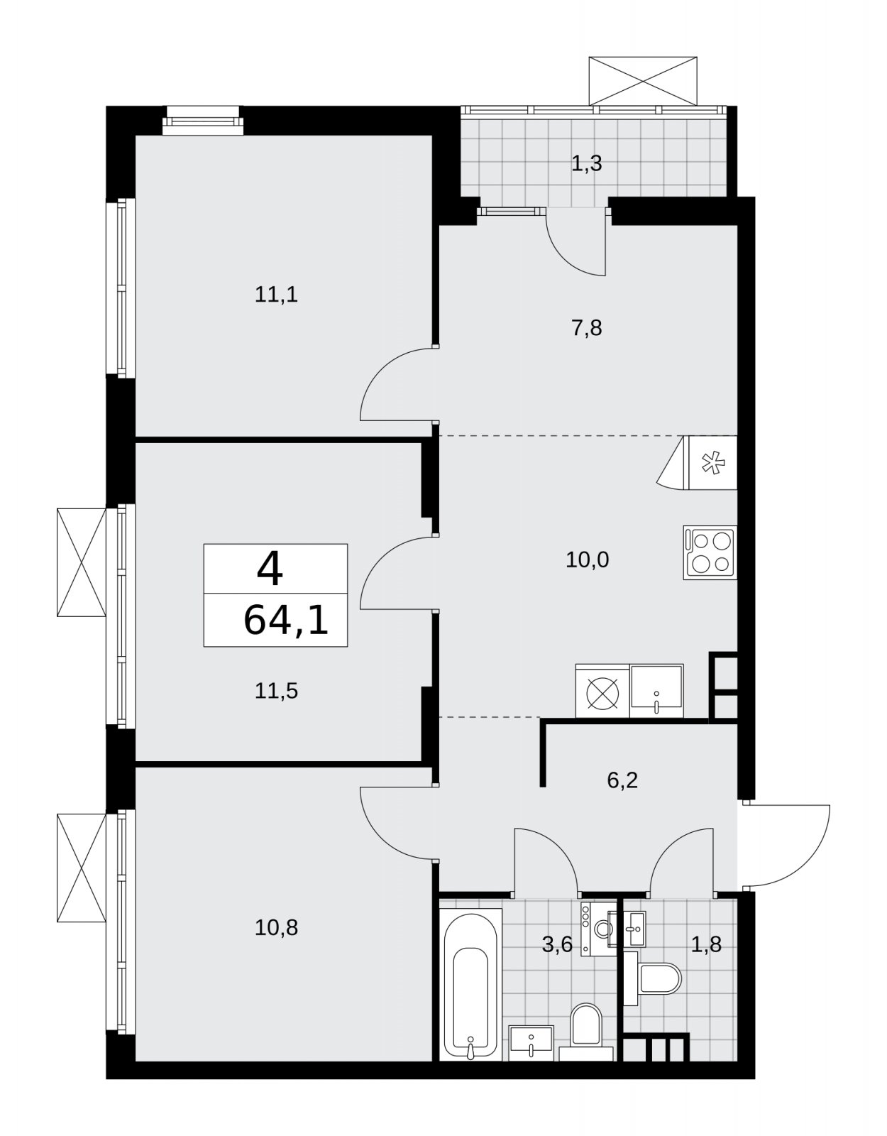 4-комнатная квартира (евро) с частичной отделкой, 64.1 м2, 10 этаж, сдача 2 квартал 2026 г., ЖК Деснаречье, корпус 4.5 - объявление 2264492 - фото №1