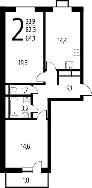 2-комнатная квартира с полной отделкой, 64.1 м2, 2 этаж, сдача 1 квартал 2025 г., ЖК Новые Ватутинки. Заречный, корпус 5/1 - объявление 2275948 - фото №1