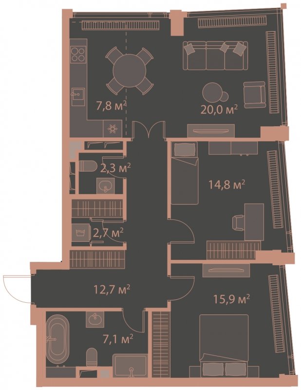 2-комнатная квартира без отделки, 83.3 м2, 17 этаж, сдача 1 квартал 2025 г., ЖК HIGH LIFE, корпус Heart Tower - объявление 1767912 - фото №1