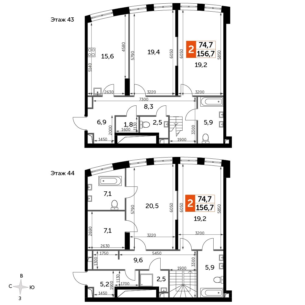 4-комнатная квартира без отделки, 156.7 м2, 43 этаж, сдача 3 квартал 2024 г., ЖК Sydney City, корпус 2.2 - объявление 2207278 - фото №1