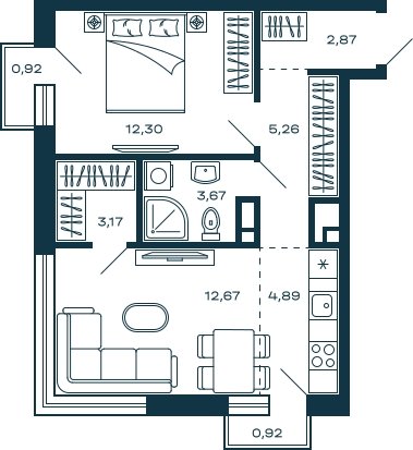 1-комнатная квартира без отделки, 45.39 м2, 24 этаж, сдача 2 квартал 2025 г., ЖК М_5, корпус 1 - объявление 2021999 - фото №1