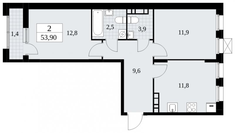 2-комнатная квартира без отделки, 53.9 м2, 9 этаж, сдача 4 квартал 2024 г., ЖК Бунинские кварталы, корпус 1.3 - объявление 1834703 - фото №1