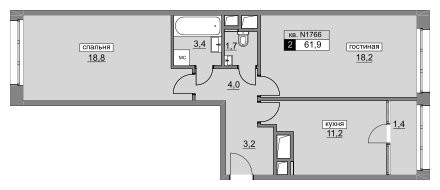 2-комнатная квартира без отделки, 62.1 м2, 10 этаж, дом сдан, ЖК Румянцево-Парк, корпус 3 - объявление 1933384 - фото №1