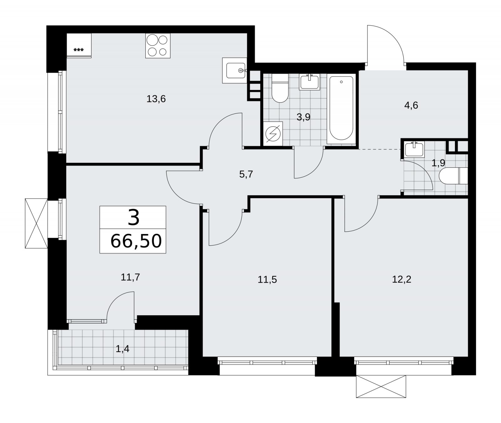 3-комнатная квартира с частичной отделкой, 66.5 м2, 3 этаж, сдача 4 квартал 2025 г., ЖК Бунинские кварталы, корпус 3.3 - объявление 2151961 - фото №1