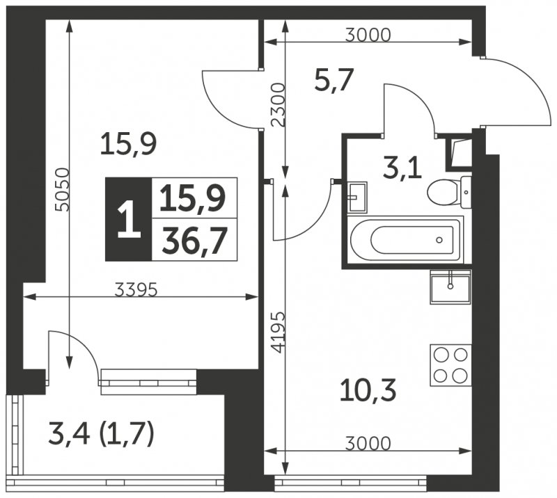 1-комнатная квартира с частичной отделкой, 36.7 м2, 21 этаж, сдача 4 квартал 2023 г., ЖК Архитектор, корпус 1 - объявление 1694294 - фото №1