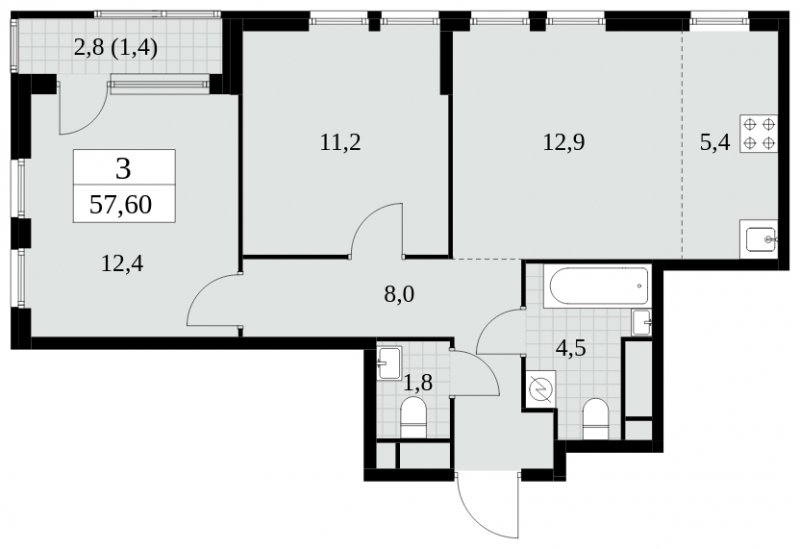 3-комнатная квартира (евро) без отделки, 57.6 м2, 19 этаж, сдача 2 квартал 2025 г., ЖК Южные сады, корпус 2.4 - объявление 1760494 - фото №1