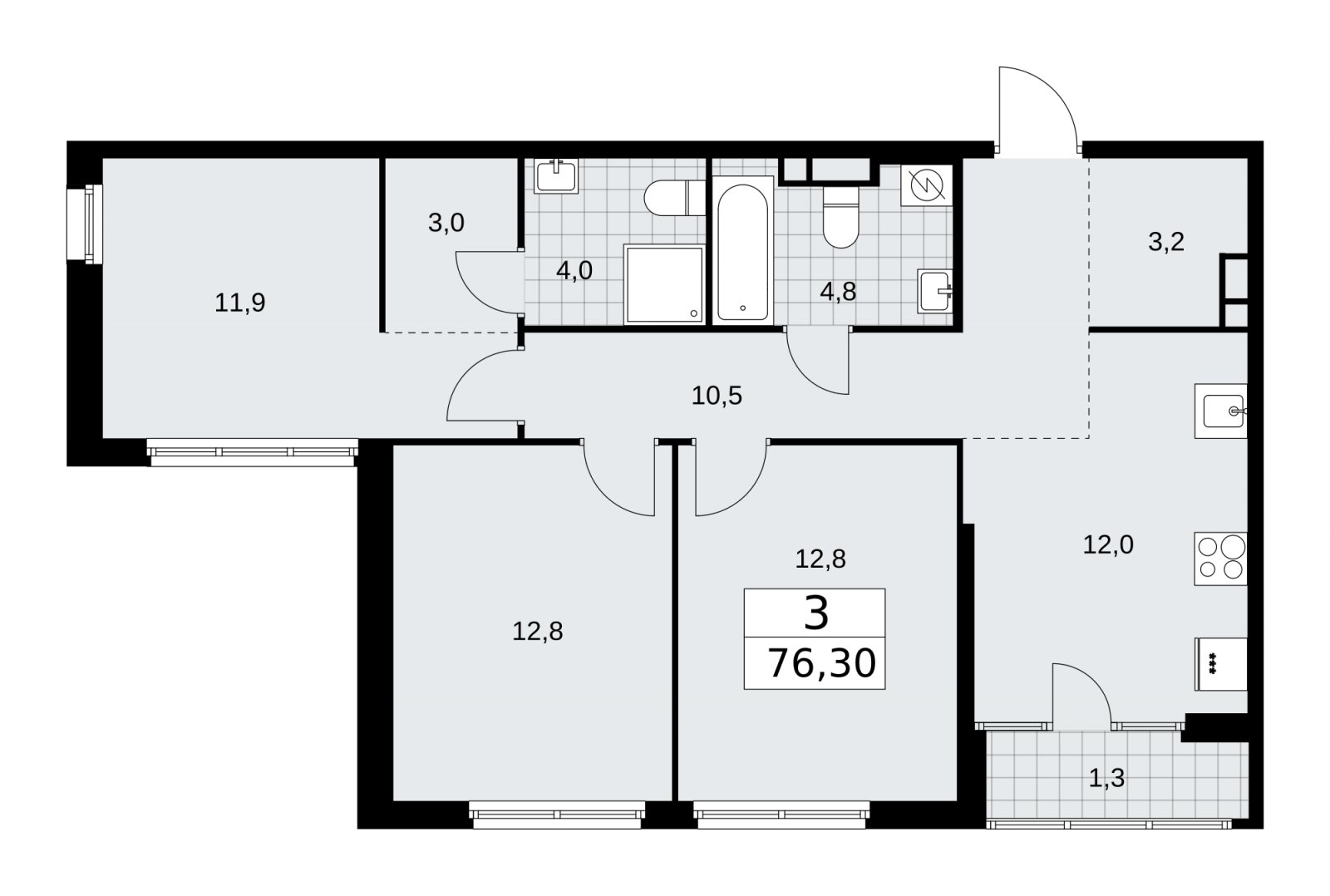 3-комнатная квартира с частичной отделкой, 76.3 м2, 7 этаж, сдача 1 квартал 2026 г., ЖК Дом на Зорге, корпус 25 - объявление 2221045 - фото №1