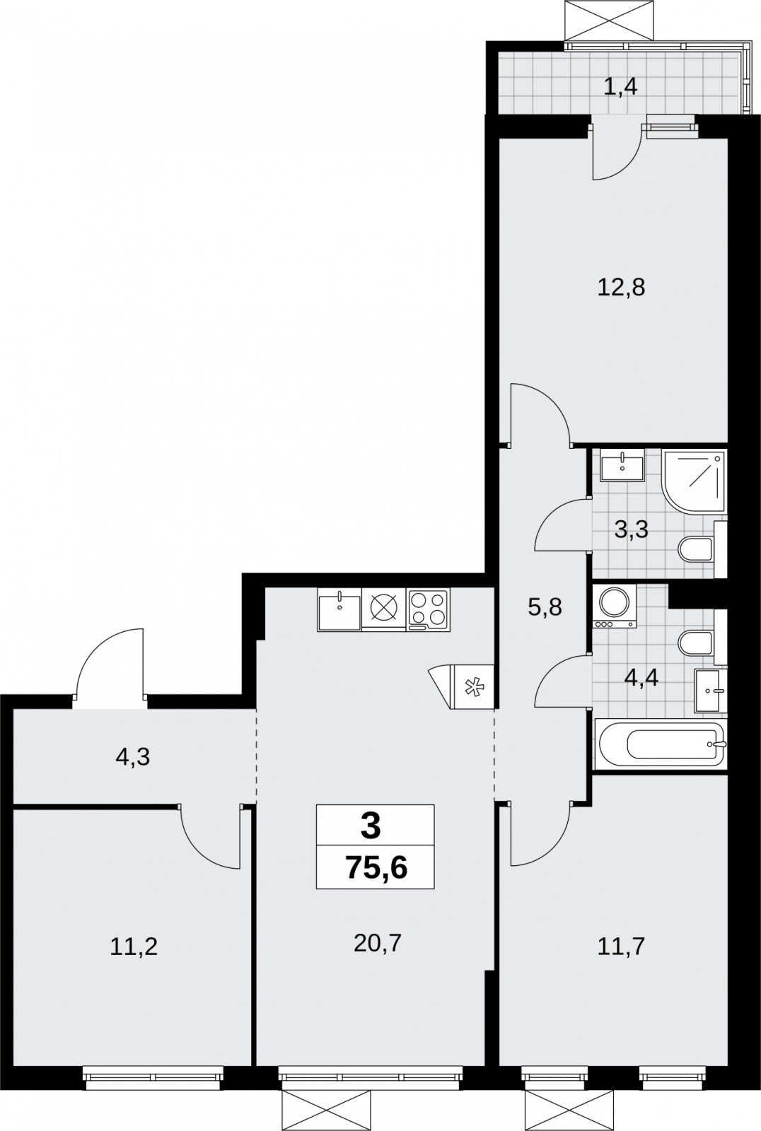3-комнатная квартира без отделки, 75.6 м2, 4 этаж, сдача 2 квартал 2026 г., ЖК Бунинские кварталы, корпус 9.1 - объявление 2323485 - фото №1