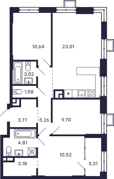 3-комнатная квартира с частичной отделкой, 78.8 м2, 7 этаж, сдача 2 квартал 2026 г., ЖК Квартал Тетрис, корпус С-2.2 - объявление 2261105 - фото №1