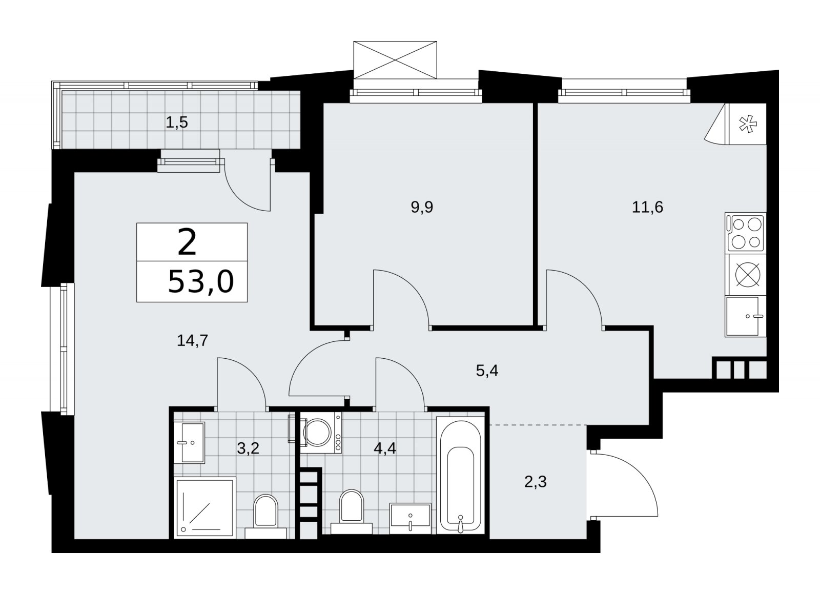 2-комнатная квартира с частичной отделкой, 53 м2, 8 этаж, сдача 1 квартал 2026 г., ЖК Прокшино, корпус 11.1.3 - объявление 2257390 - фото №1