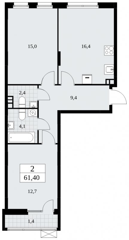 2-комнатная квартира без отделки, 61.4 м2, 3 этаж, сдача 1 квартал 2025 г., ЖК Дзен-кварталы, корпус 1.4 - объявление 1896097 - фото №1