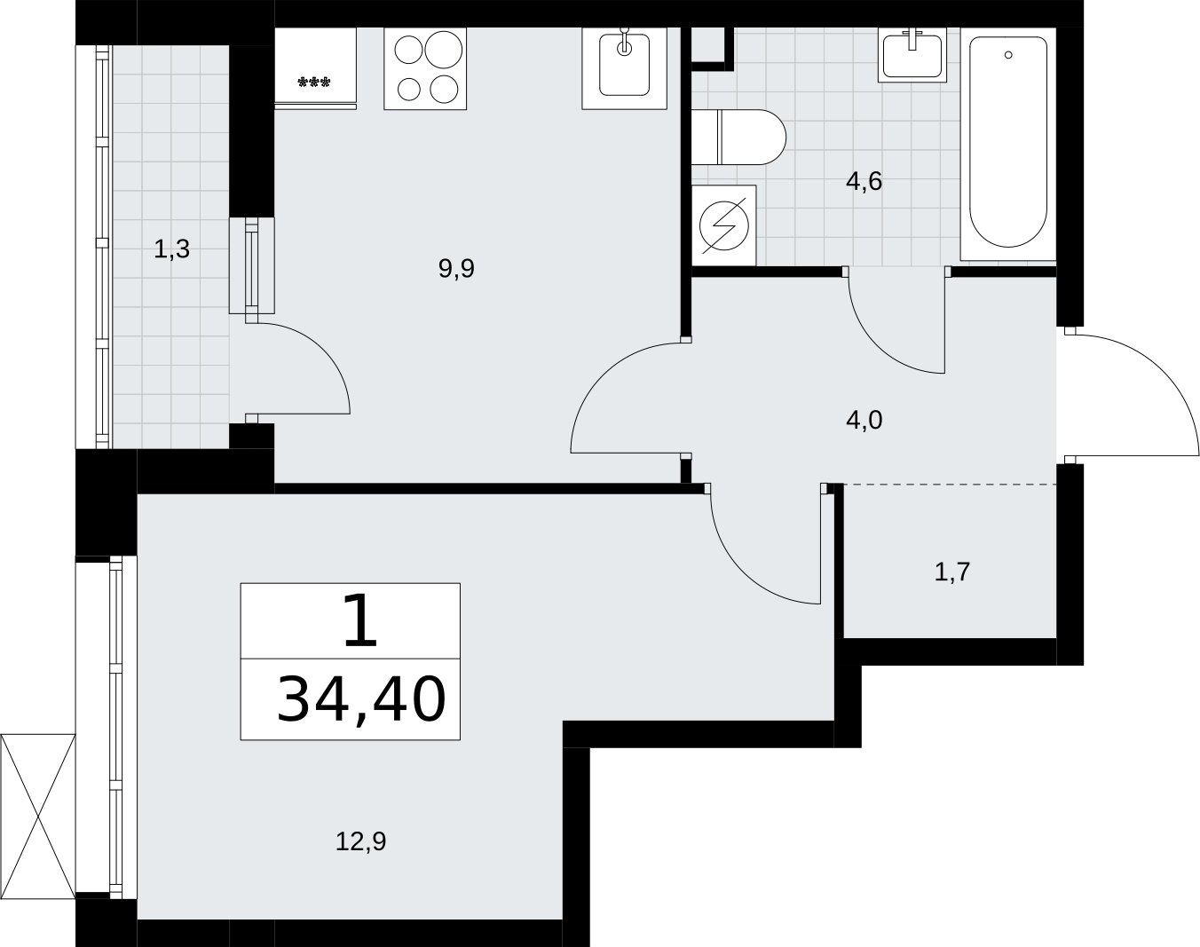 1-комнатная квартира без отделки, 34.4 м2, 2 этаж, сдача 3 квартал 2026 г., ЖК Родные кварталы, корпус 2 - объявление 2295601 - фото №1