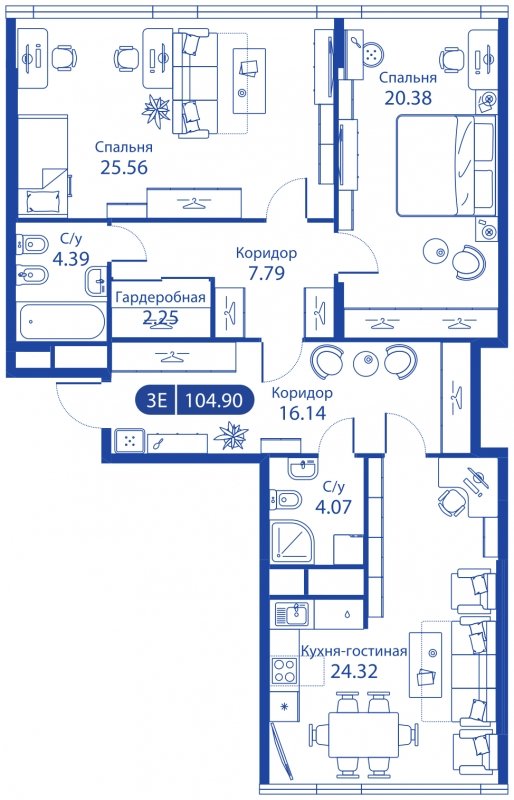 3-комнатная квартира (евро) без отделки, 104.9 м2, 11 этаж, сдача 4 квартал 2023 г., ЖК iLove, корпус 3 - объявление 1565114 - фото №1