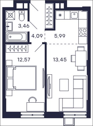 1-комнатная квартира без отделки, 39.56 м2, 2 этаж, сдача 2 квартал 2025 г., ЖК Квартал Тетрис, корпус "Квартал Тетрис 2.2" - объявление 2378995 - фото №1