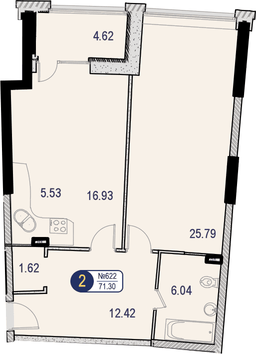 2-комнатные апартаменты без отделки, 71.3 м2, 6 этаж, дом сдан, ЖК МФК Маршал, корпус 9 - объявление 1452937 - фото №1