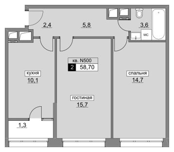 2-комнатная квартира без отделки, 59.1 м2, 20 этаж, дом сдан, ЖК Румянцево-Парк, корпус 3 - объявление 1933379 - фото №1