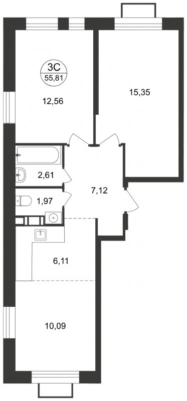 3-комнатная квартира (евро) с полной отделкой, 55.81 м2, 4 этаж, сдача 1 квартал 2023 г., ЖК Люберцы, корпус 61 - объявление 1682242 - фото №1