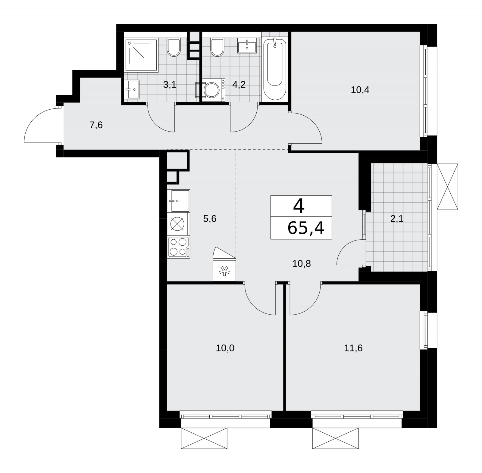 4-комнатная квартира (евро) с частичной отделкой, 65.4 м2, 12 этаж, сдача 2 квартал 2026 г., ЖК Деснаречье, корпус 4.6 - объявление 2264693 - фото №1