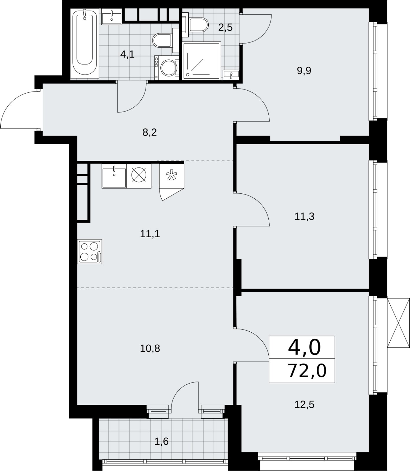 4-комнатная квартира (евро) с частичной отделкой, 72 м2, 11 этаж, сдача 2 квартал 2026 г., ЖК Прокшино, корпус 10.1.6 - объявление 2379250 - фото №1