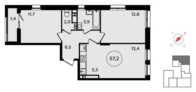 3-комнатная квартира (евро) без отделки, 57.2 м2, 15 этаж, сдача 3 квартал 2023 г., ЖК Прокшино, корпус 4.6 - объявление 1498692 - фото №1