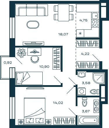 2-комнатная квартира без отделки, 59.49 м2, 15 этаж, сдача 3 квартал 2025 г., ЖК М_5, корпус 2 - объявление 2022017 - фото №1