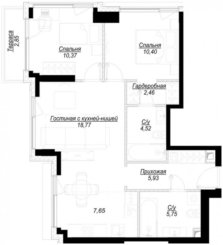 2-комнатная квартира с частичной отделкой, 66.8 м2, 11 этаж, сдача 1 квартал 2023 г., ЖК Hide, корпус RiverSide - объявление 1756884 - фото №1