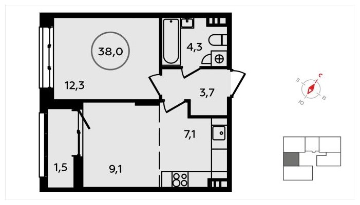 2-комнатная квартира (евро) без отделки, 38 м2, 3 этаж, сдача 3 квартал 2024 г., ЖК Скандинавия, корпус 2.22.2 - объявление 1625350 - фото №1